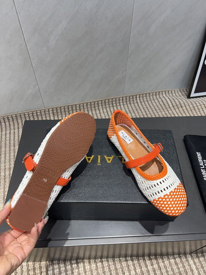 ALAIA MARY JANE FLATS WOVEN PATTERN 25S IN WHITE MIX ORANGE CALFSKIN