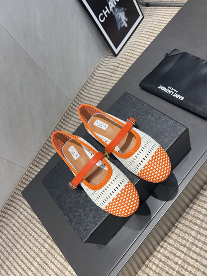 ALAIA MARY JANE FLATS WOVEN PATTERN 25S IN WHITE MIX ORANGE CALFSKIN