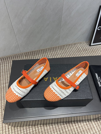 ALAIA MARY JANE FLATS WOVEN PATTERN 25S IN WHITE MIX ORANGE CALFSKIN