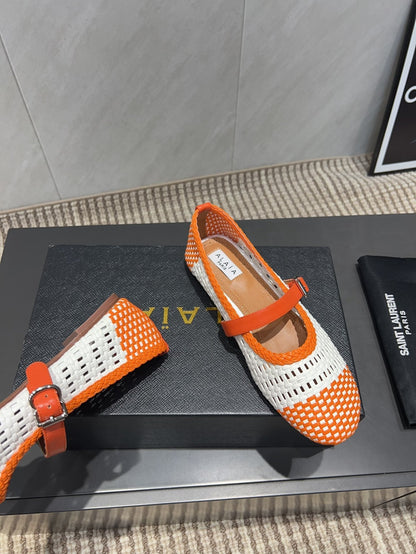 ALAIA MARY JANE FLATS WOVEN PATTERN 25S IN WHITE MIX ORANGE CALFSKIN