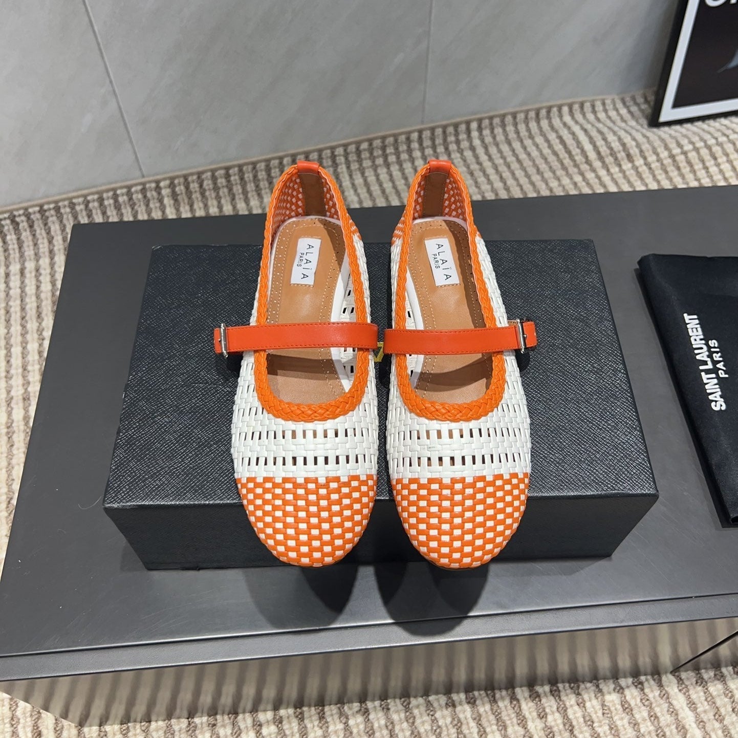 ALAIA MARY JANE FLATS WOVEN PATTERN 25S IN WHITE MIX ORANGE CALFSKIN