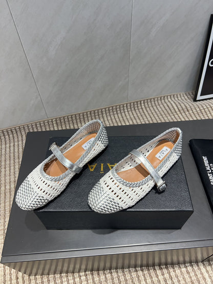 ALAIA MARY JANE FLATS WOVEN PATTERN 25S IN WHITE MIX GREY CALFSKIN
