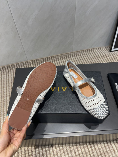 ALAIA MARY JANE FLATS WOVEN PATTERN 25S IN WHITE MIX GREY CALFSKIN