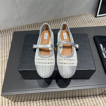 ALAIA MARY JANE FLATS WOVEN PATTERN 25S IN WHITE MIX GREY CALFSKIN
