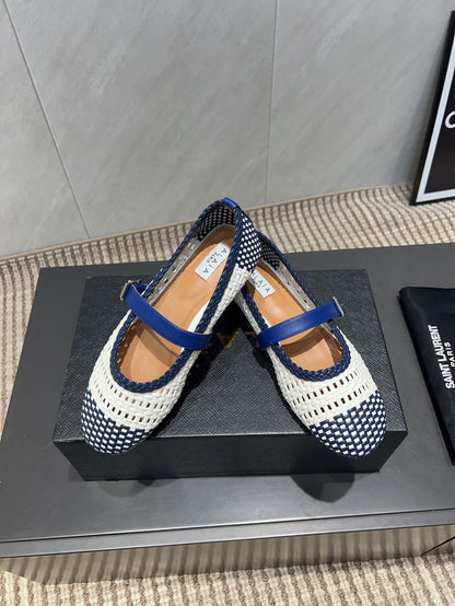 ALAIA MARY JANE FLATS WOVEN PATTERN 25S IN WHITE MIX NAVY BLUE CALFSKIN