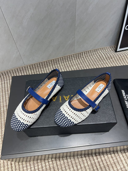 ALAIA MARY JANE FLATS WOVEN PATTERN 25S IN WHITE MIX NAVY BLUE CALFSKIN