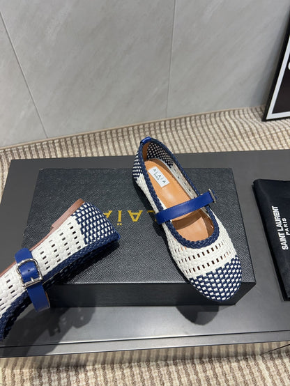 ALAIA MARY JANE FLATS WOVEN PATTERN 25S IN WHITE MIX NAVY BLUE CALFSKIN