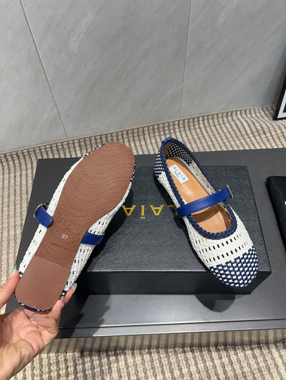 ALAIA MARY JANE FLATS WOVEN PATTERN 25S IN WHITE MIX NAVY BLUE CALFSKIN