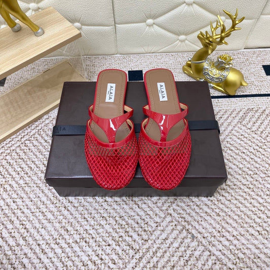 ALAIA BREATHABLE FLAT-TOE MULES 25S IN RED CALFSKIN