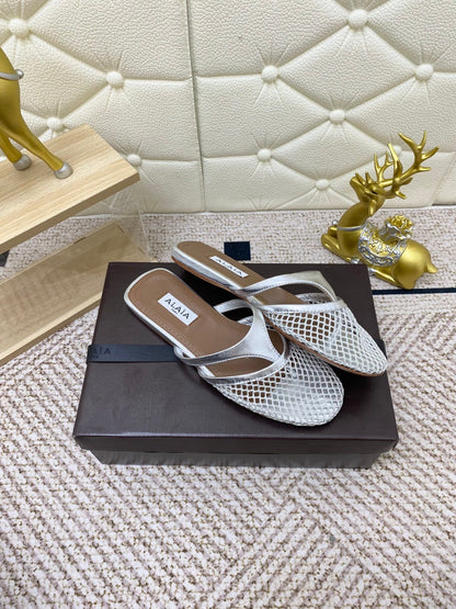 ALAIA BREATHABLE FLAT-TOE MULES 25S IN SILVER CALFSKIN