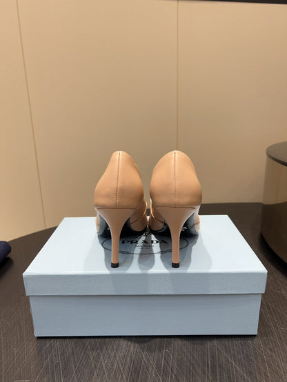 PRADA 25S POINTED TOE HIGH HEELS 85MM IN BEIGE LAMBSKIN WITH TIE UP DESIGN