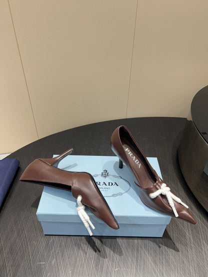 PRADA 25S POINTED TOE HIGH HEELS 85MM IN DARK BROWN LAMBSKIN WITH TIE UP DESIGN