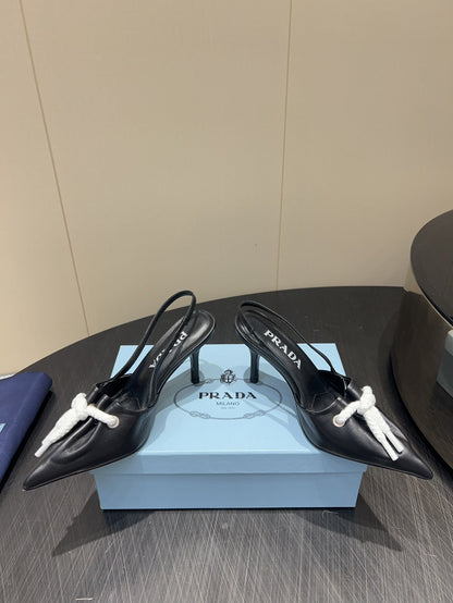 PRADA 25S POINTED TOE SLINGBACK 85MM IN BLACK LAMBSKIN WITH TIE UP DESIGN