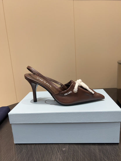 PRADA 25S POINTED TOE SLINGBACK 85MM IN DARK BROWN LAMBSKIN WITH TIE UP DESIGN