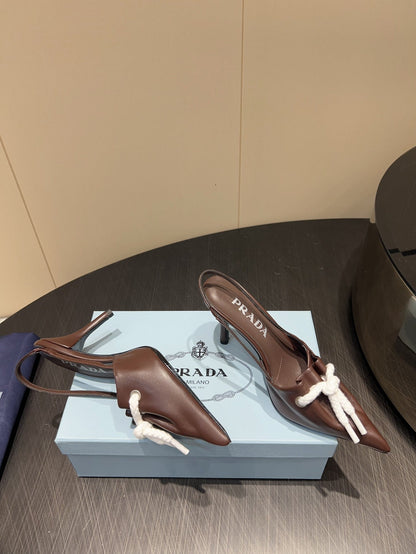 PRADA 25S POINTED TOE SLINGBACK 85MM IN DARK BROWN LAMBSKIN WITH TIE UP DESIGN