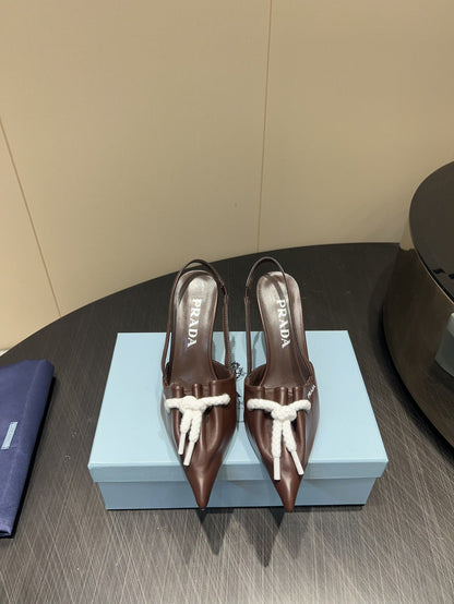 PRADA 25S POINTED TOE SLINGBACK 85MM IN DARK BROWN LAMBSKIN WITH TIE UP DESIGN