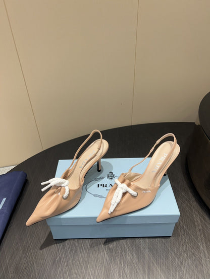 PRADA 25S POINTED TOE SLINGBACK 85MM IN BEIGE LAMBSKIN WITH TIE UP DESIGN