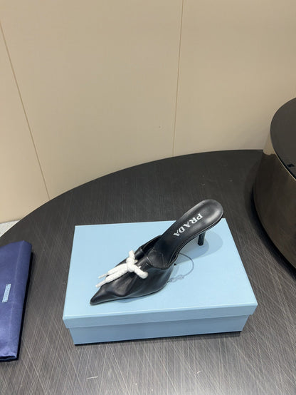 PRADA 25S BRAIDED DETAIL MULES 85MM IN BLACK CALFSKIN