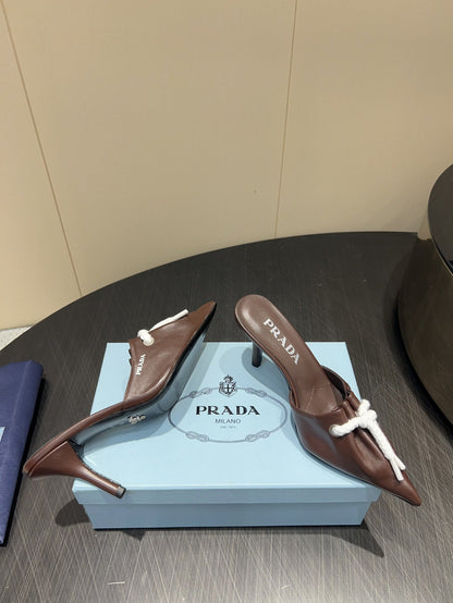 PRADA 25S BRAIDED DETAIL MULES 85MM IN DARK BROWN CALFSKIN