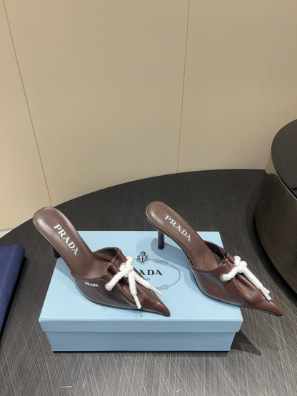 PRADA 25S BRAIDED DETAIL MULES 85MM IN DARK BROWN CALFSKIN