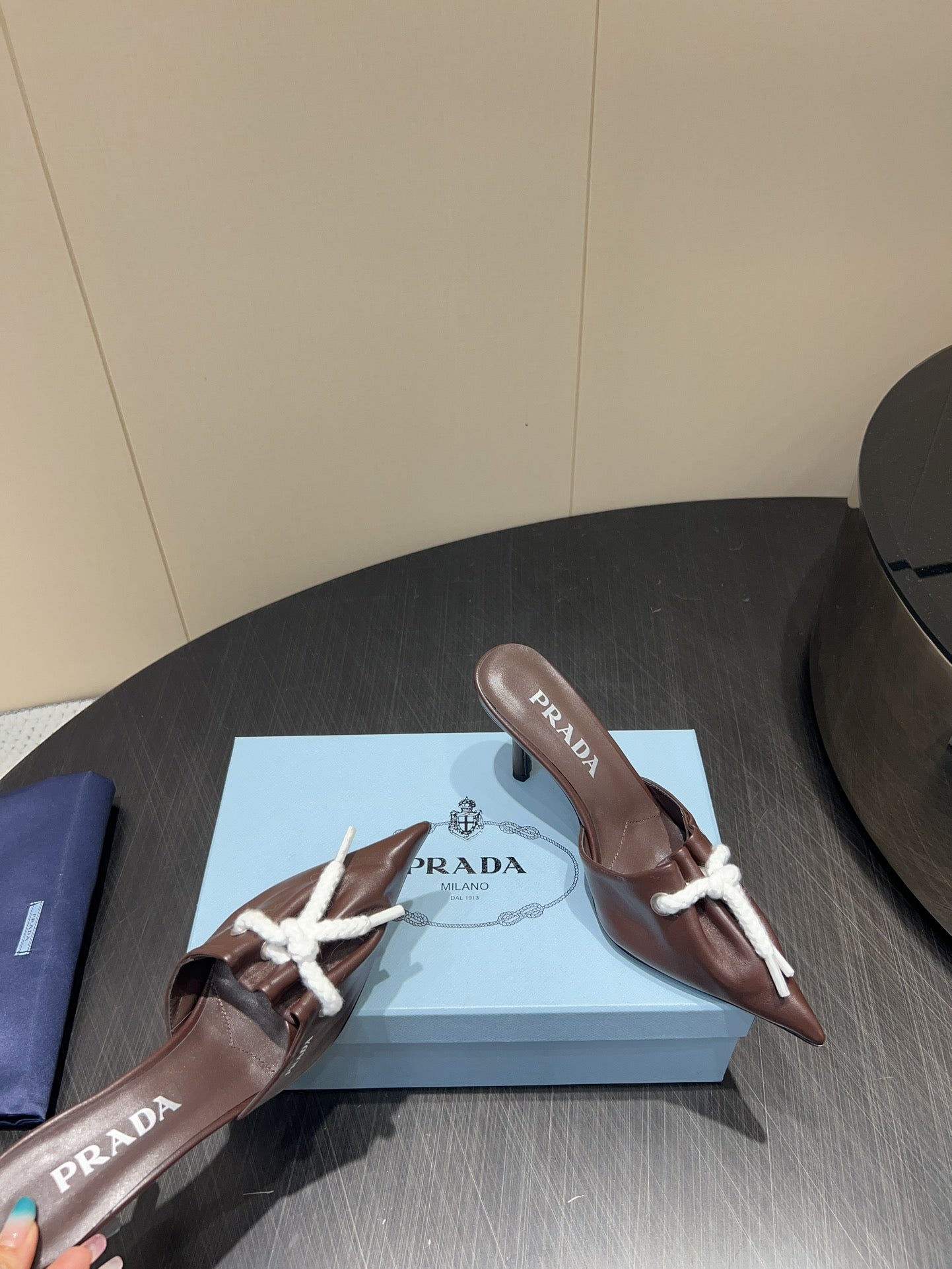 PRADA 25S BRAIDED DETAIL MULES 85MM IN DARK BROWN CALFSKIN