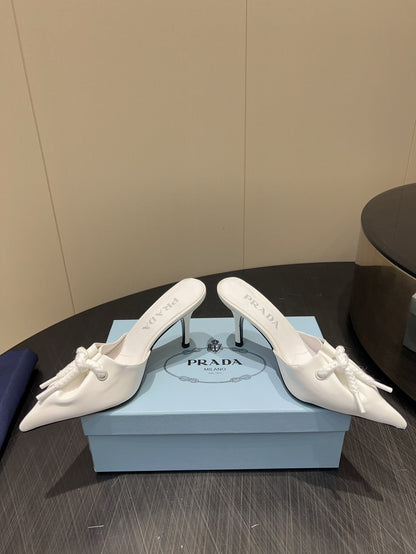 PRADA 25S BRAIDED DETAIL MULES 85MM IN WHITE CALFSKIN