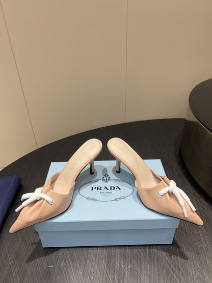 PRADA 25S BRAIDED DETAIL MULES 85MM IN BEIGE CALFSKIN