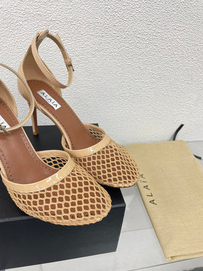ALAIA HIGH FISHNET 9 CM PUMPS IN EGG NOG MESH