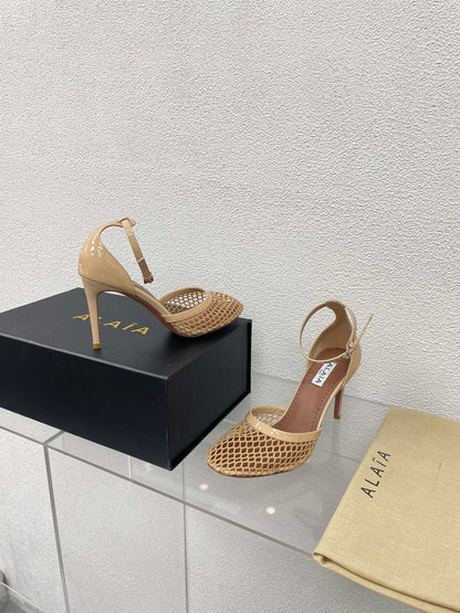 ALAIA HIGH FISHNET 9 CM PUMPS IN EGG NOG MESH