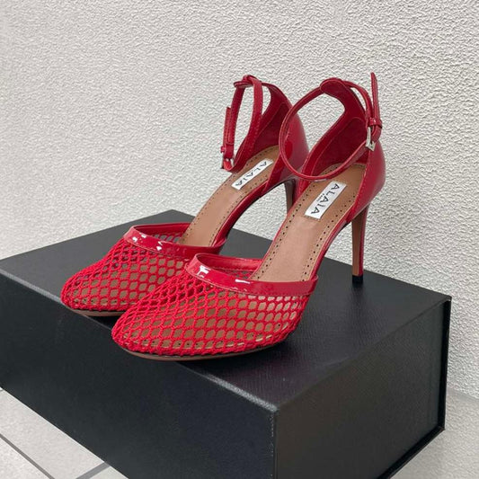 ALAIA HIGH FISHNET 9 CM PUMPS IN CHERRY RED MESH