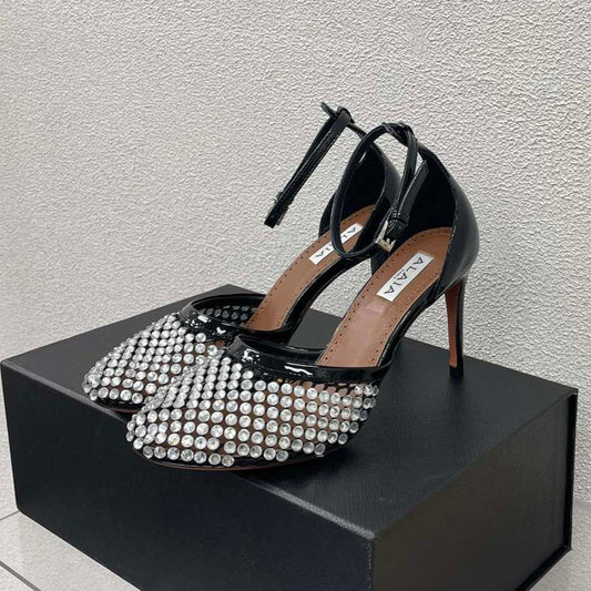 ALAIA HIGH FISHNET PUMPS IN BLACK MESH WITH WHITE RHINSTONES