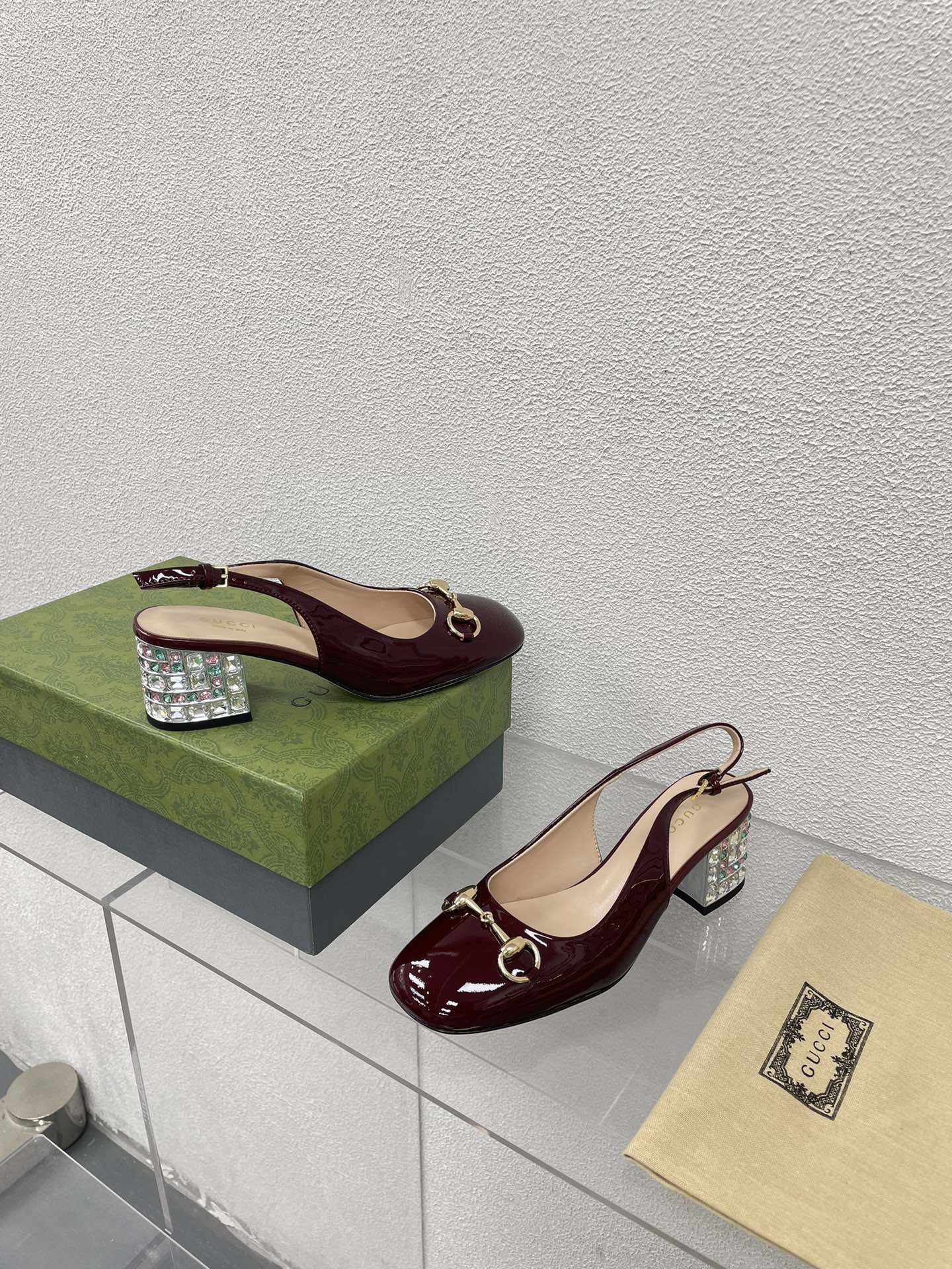 GG WOMEN'S HORSEBIT SLINGBACK IN WINE RED CALFSKIN WITH RHINSTONES