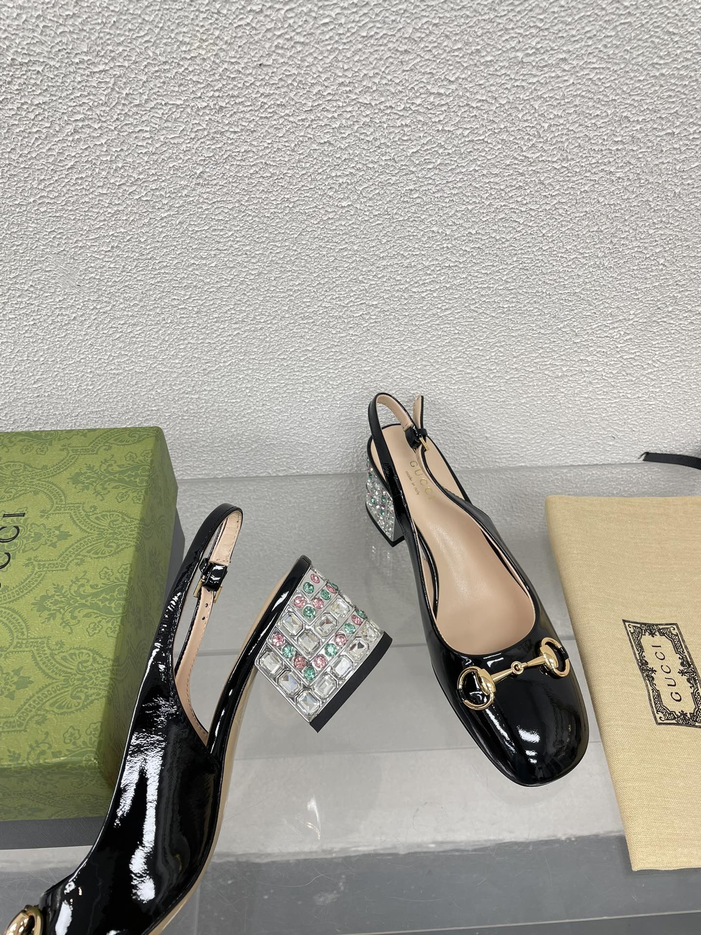 GG WOMEN'S HORSEBIT SLINGBACK IN BLACK CALFSKIN WITH RHINSTONES