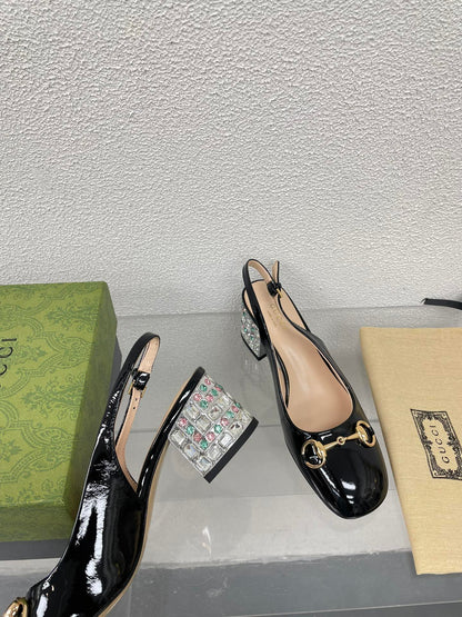 GG WOMEN'S HORSEBIT SLINGBACK IN BLACK CALFSKIN WITH RHINSTONES