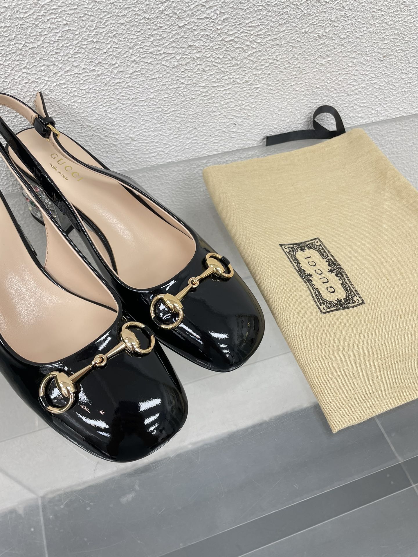 GG WOMEN'S HORSEBIT SLINGBACK IN BLACK CALFSKIN WITH RHINSTONES