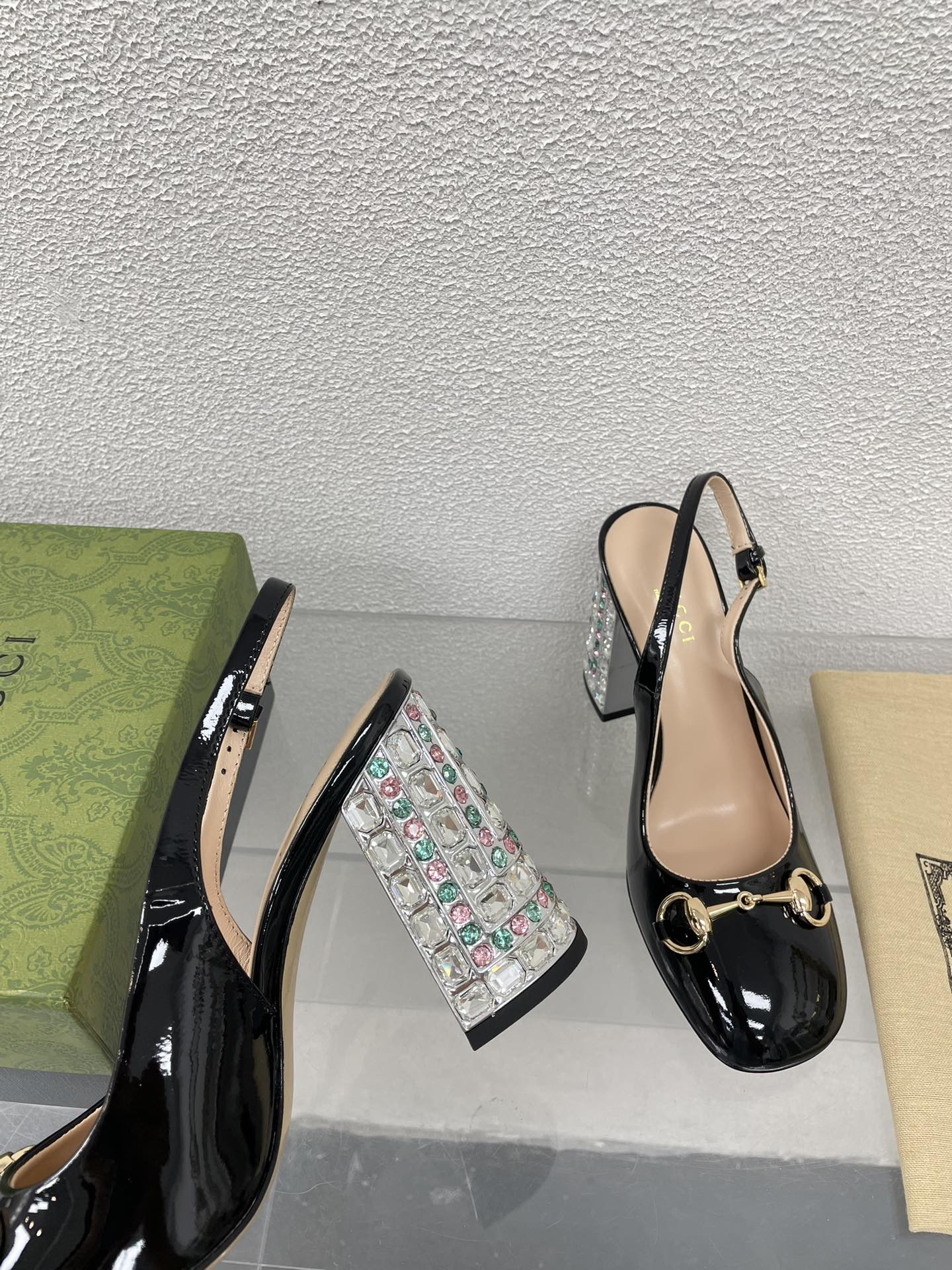 GG WOMEN'S HORSEBIT SLINGBACK 95MM IN BLACK CALFSKIN WITH RHINSTONES