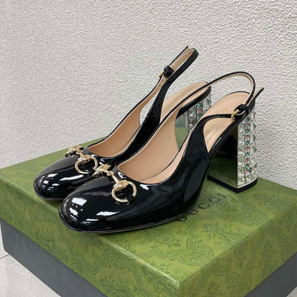 GG WOMEN'S HORSEBIT SLINGBACK 95MM IN BLACK CALFSKIN WITH RHINSTONES