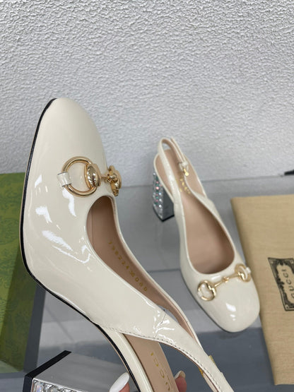 GG WOMEN'S HORSEBIT SLINGBACK 95MM IN WHITE CALFSKIN WITH RHINSTONES