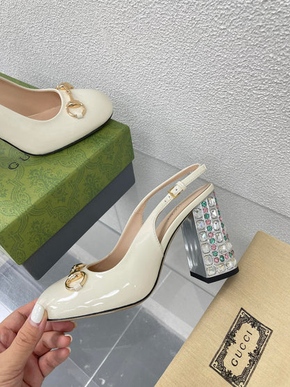 GG WOMEN'S HORSEBIT SLINGBACK 95MM IN WHITE CALFSKIN WITH RHINSTONES