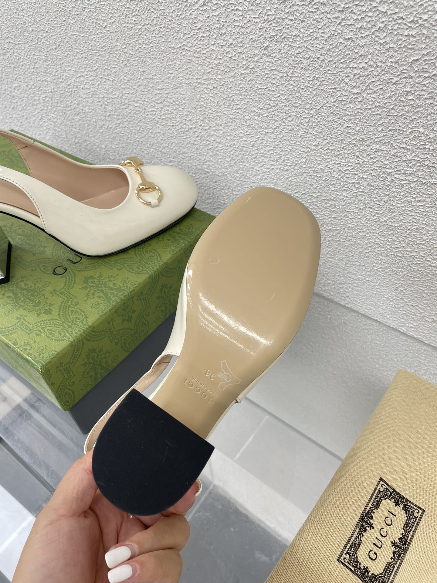 GG WOMEN'S HORSEBIT SLINGBACK 95MM IN WHITE CALFSKIN WITH RHINSTONES