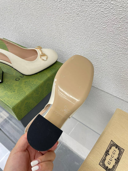 GG WOMEN'S HORSEBIT SLINGBACK 95MM IN WHITE CALFSKIN WITH RHINSTONES