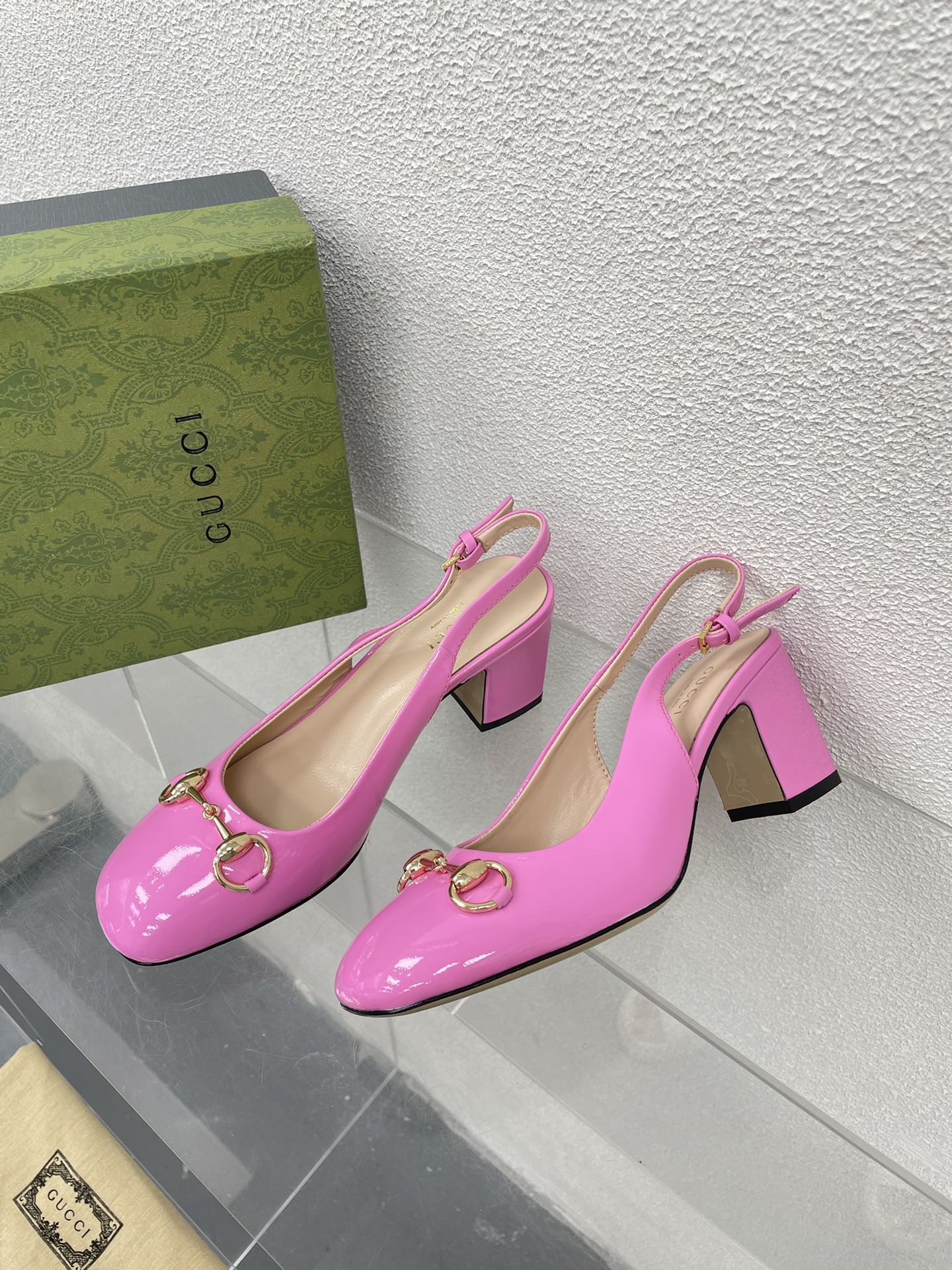 GG WOMEN'S HORSEBIT SLINGBACK 75MM IN FUSICA PINK CALFSKIN