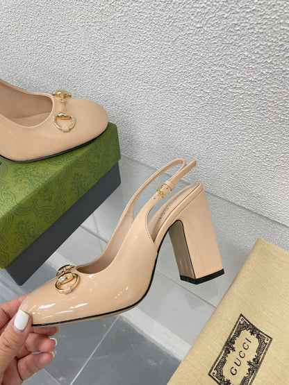 GG WOMEN'S HORSEBIT SLINGBACK 95MM IN TAN BEIGE CALFSKIN