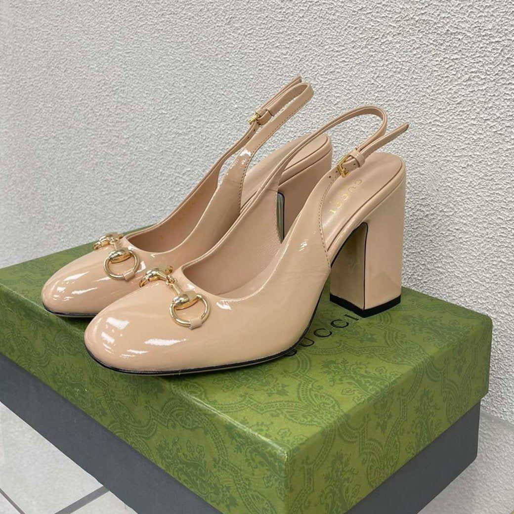 GG WOMEN'S HORSEBIT SLINGBACK 95MM IN TAN BEIGE CALFSKIN