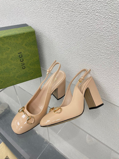 GG WOMEN'S HORSEBIT SLINGBACK 95MM IN TAN BEIGE CALFSKIN