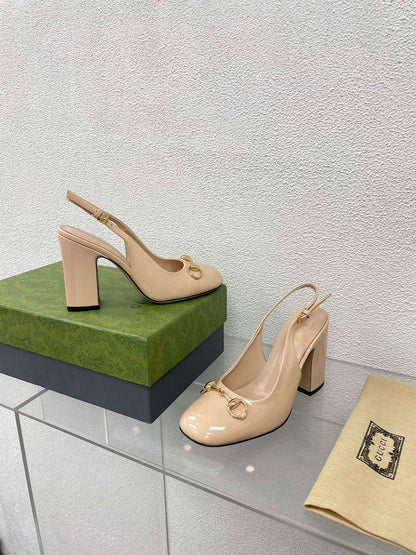 GG WOMEN'S HORSEBIT SLINGBACK 95MM IN TAN BEIGE CALFSKIN