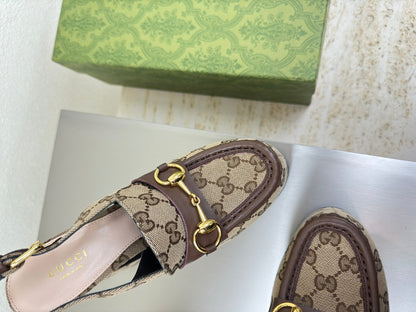 GG WOMEN'S HORSEBIT PLATFORM LOAFER SLINGBACK IN TAN BEIGE CANVAS