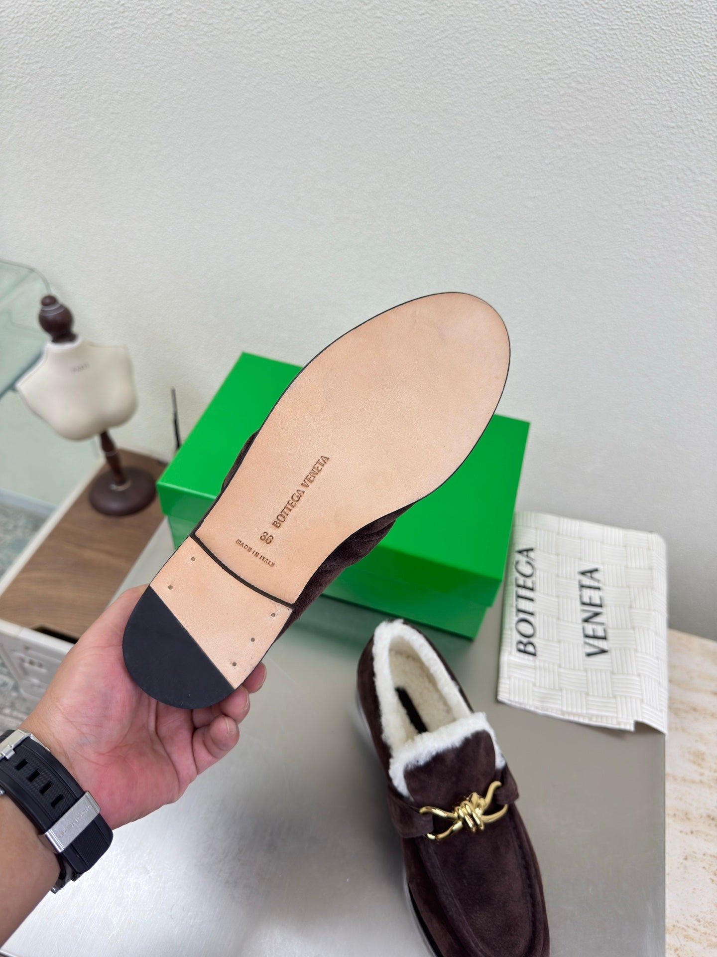 BOTTEGA VENETA 26S LOAFERS IN DARK BROWN SUEDE AND WHITE WOOL WITH GOLD HARDWARE