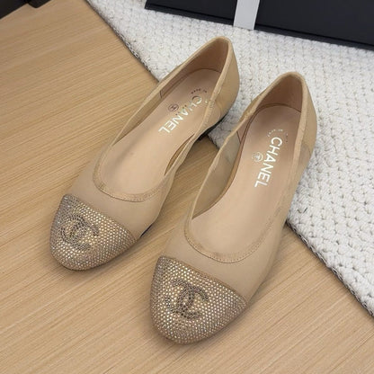 BALLET FLAT IN CAMEL BEIGE FABRIC AND MESH WITH CRYSTALS