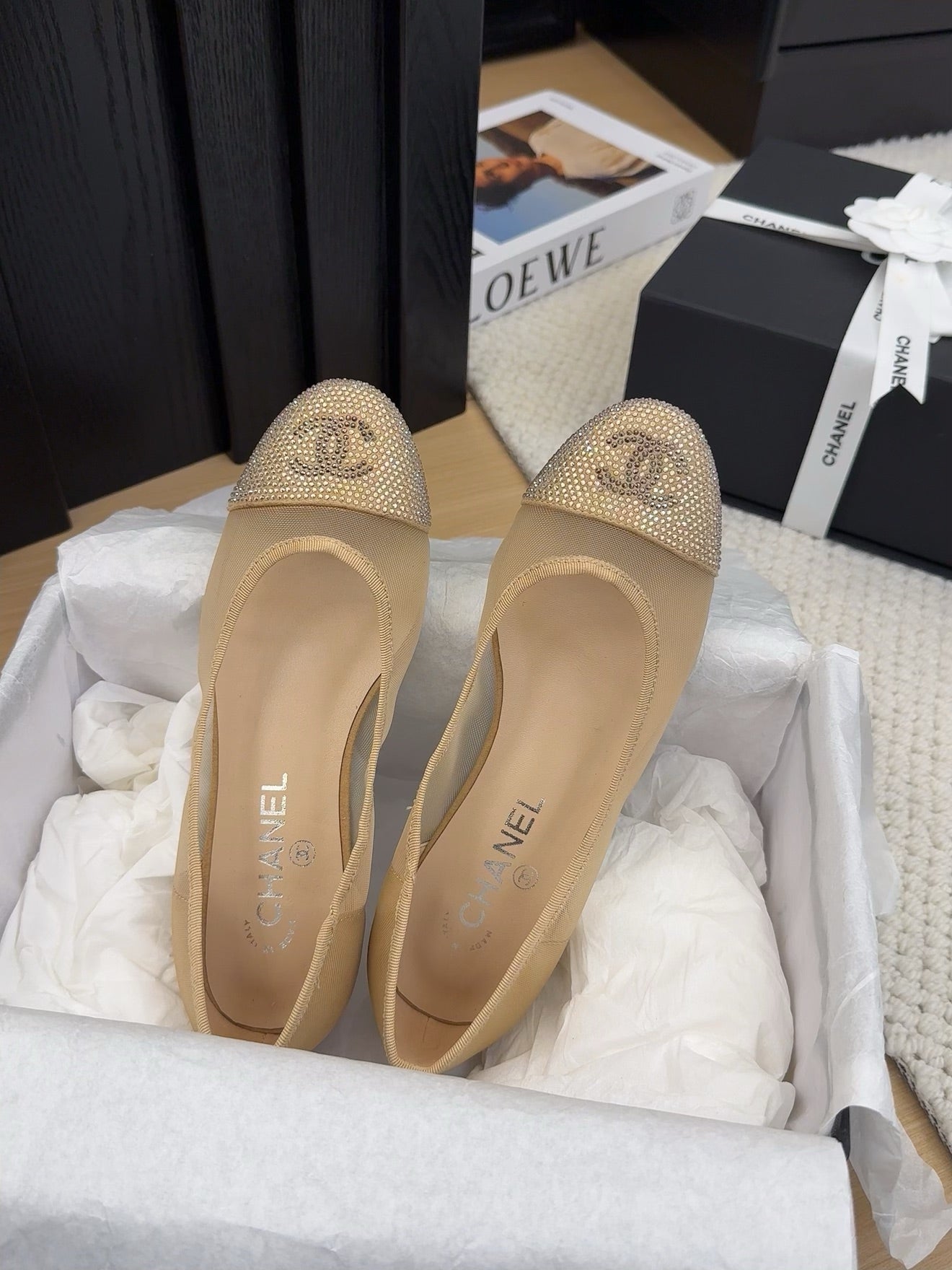 BALLET FLAT IN CAMEL BEIGE FABRIC AND MESH WITH CRYSTALS